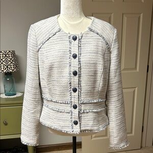 White House Black Market Ivory and Blue Tweed Blazer
